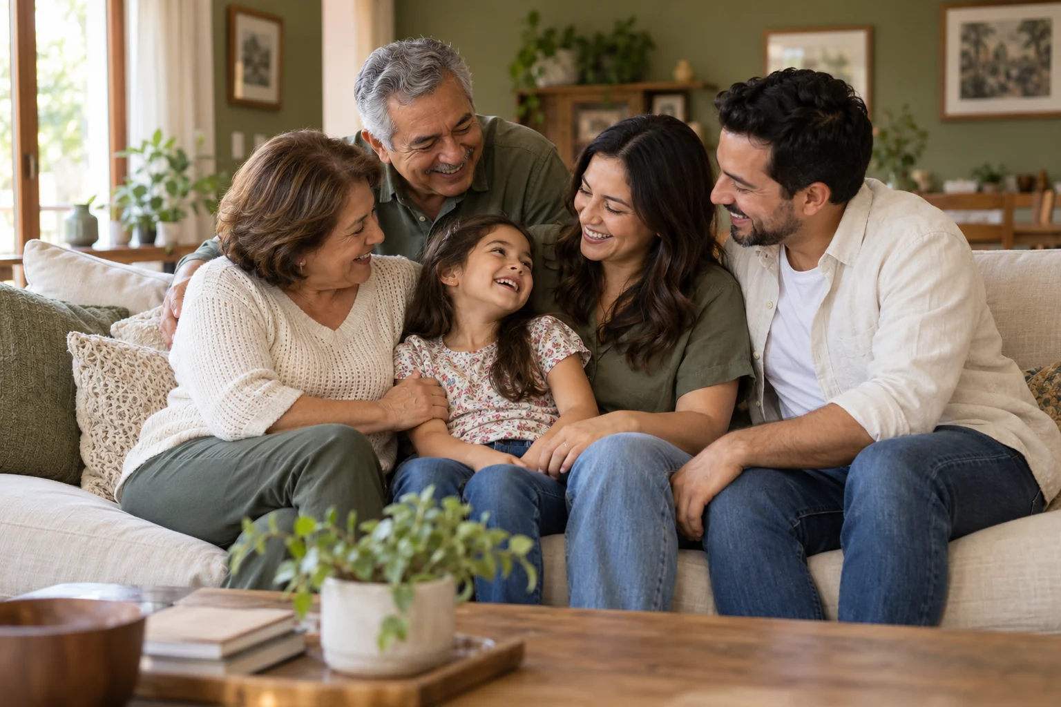Tres generaciones de una familia compartiendo un momento en casa